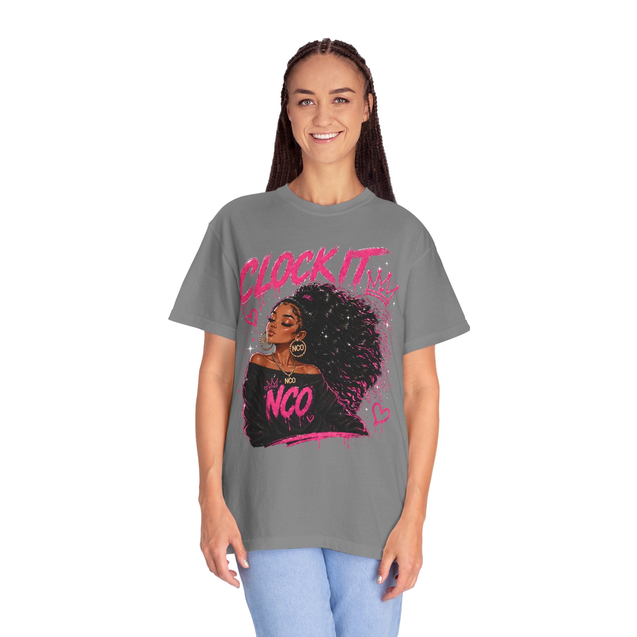 Clock It NCO Graphic T-Shirt — Afro Puff Queen Streetwear