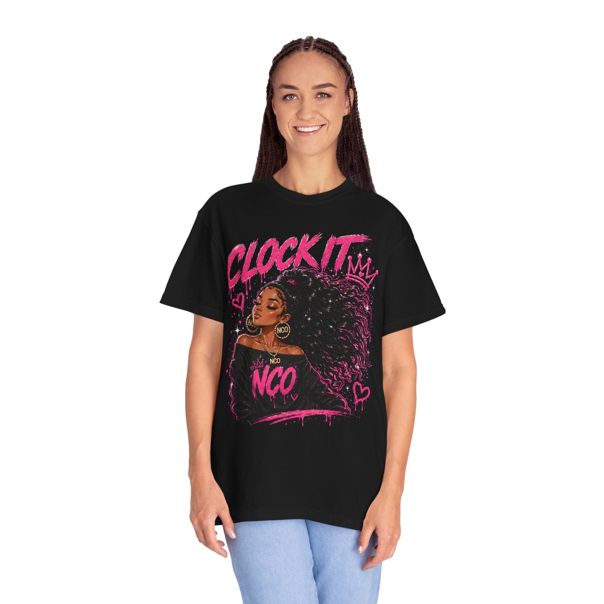 Clock It NCO Graphic T-Shirt — Afro Puff Queen Streetwear